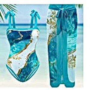 🆕Stylish Blue and White Swimsuit With Wrap Around Skirt Cover Up. Size XXL. NWT.